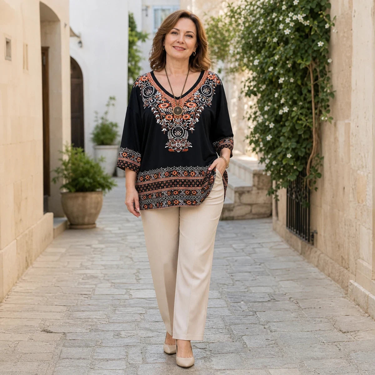 【XL-5XL】Elegantna ženska bluza s boho printom i V-izrezom, široki kroj, retro etnički stil, fin i cool materijal
