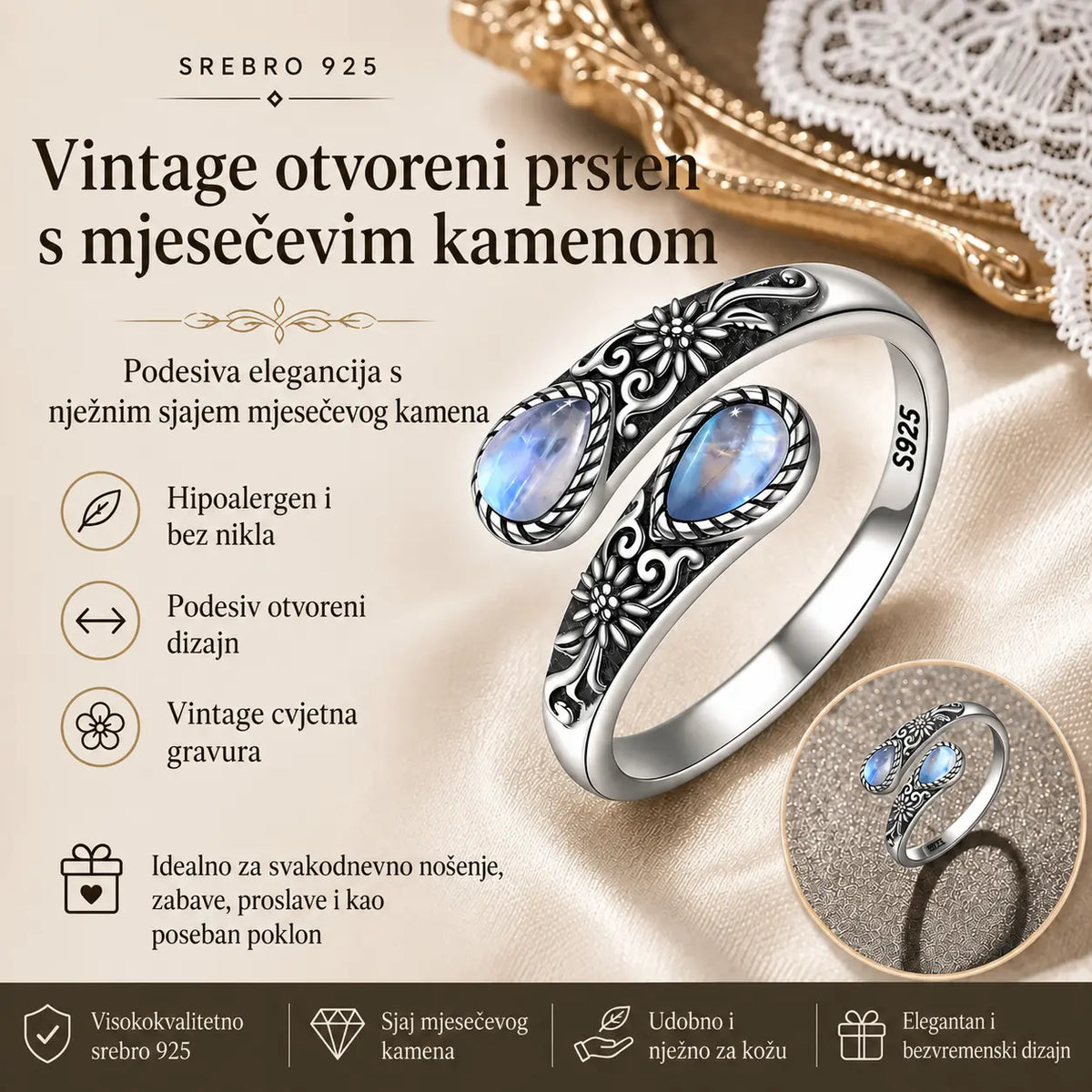 🔥✨【Posljednji dan! Kupi 1, dobij 1 gratis】Srebrni prsten s mjesečevim kamenom i motivom tratinčice｜Vintage stil • Podesiva veličina • Bezvremenska elegancija