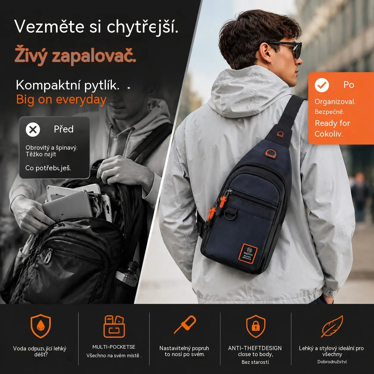 【Kupite 1, dobijte 1 gratis】🎒 ✨ Vodootporna torba preko tijela s više džepova - organizirano skladištenje, podesivi remen, priključak za slušalice