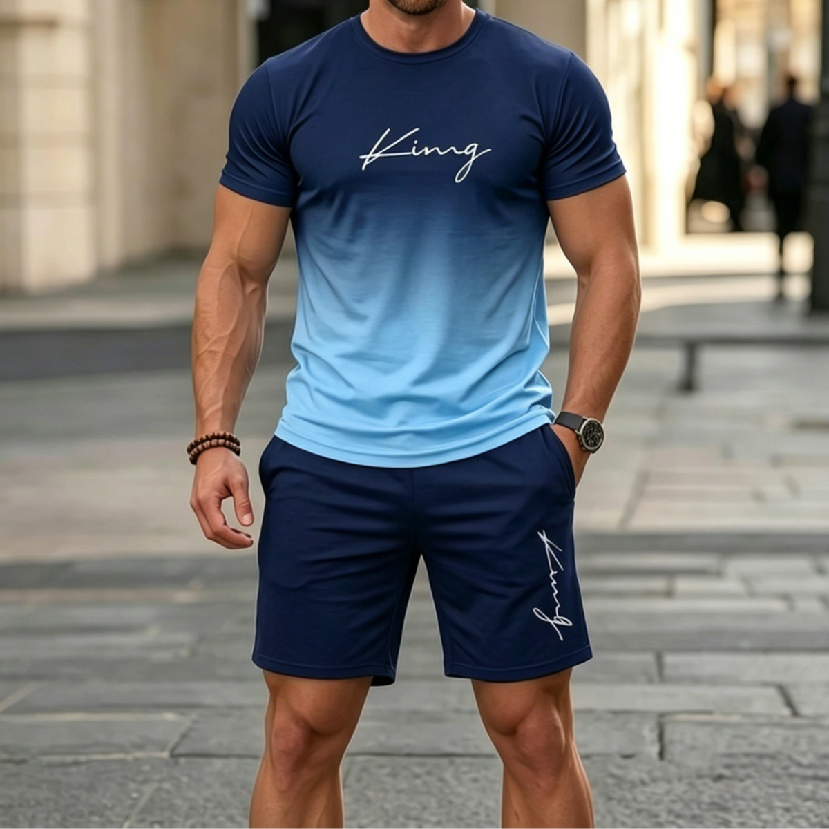 🔥【Rasprodaja na kraju sezone – 50% popusta!】Muški ljetni sportski casual komplet – udobna majica kratkih rukava i kratke hlače s modernim gradijentnim printom