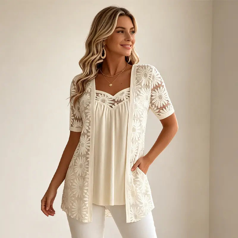 👚 Elegantna bluza 2 u 1 s čipkom i mrežicom – kroj koji vizualno sužava figuru i skriva trbuh, 5 boja, veličine S–4XL