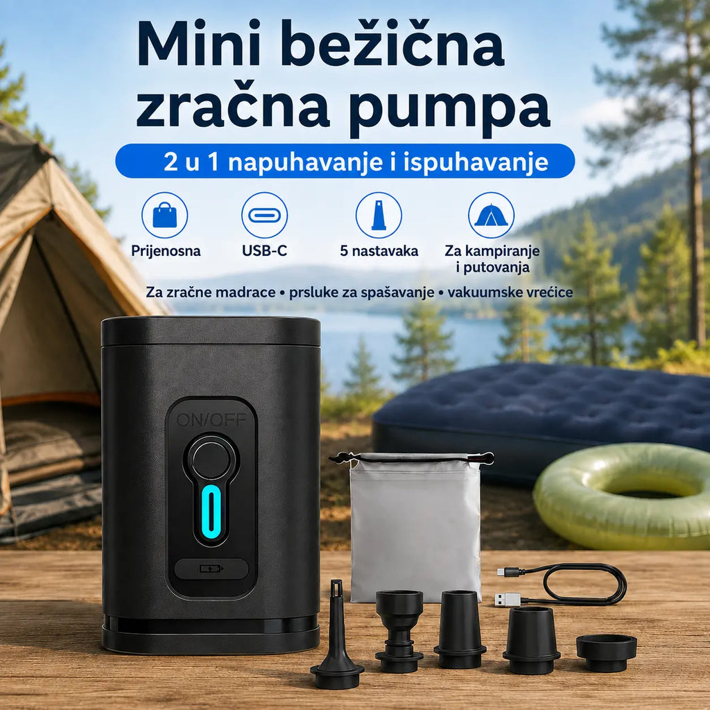 🏕️ Punjiva zračna pumpa za kampiranje – LED svjetlo, brzo napuhavanje, kompaktna i prijenosna