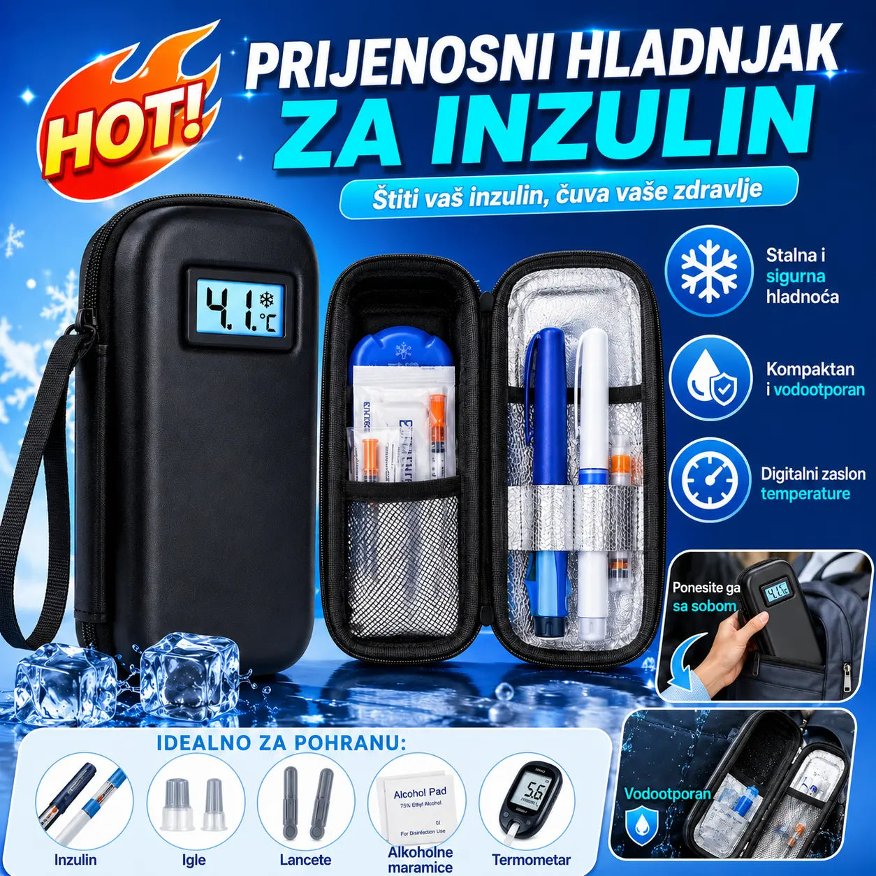 Prijenosna rashladna kutija za inzulin za putovanja s digitalnim zaslonom temperature