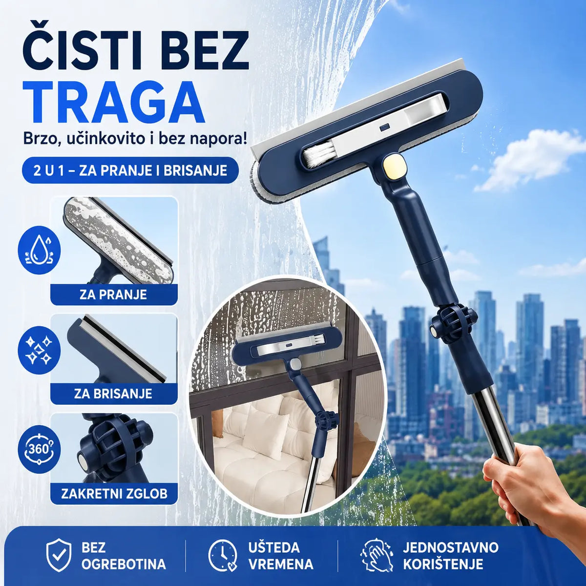 🔥【Promocija – 50% popusta!】Dvostrani 2-u-1 čistač prozora s produljivom ručkom za čišćenje prozora na visokim zgradama