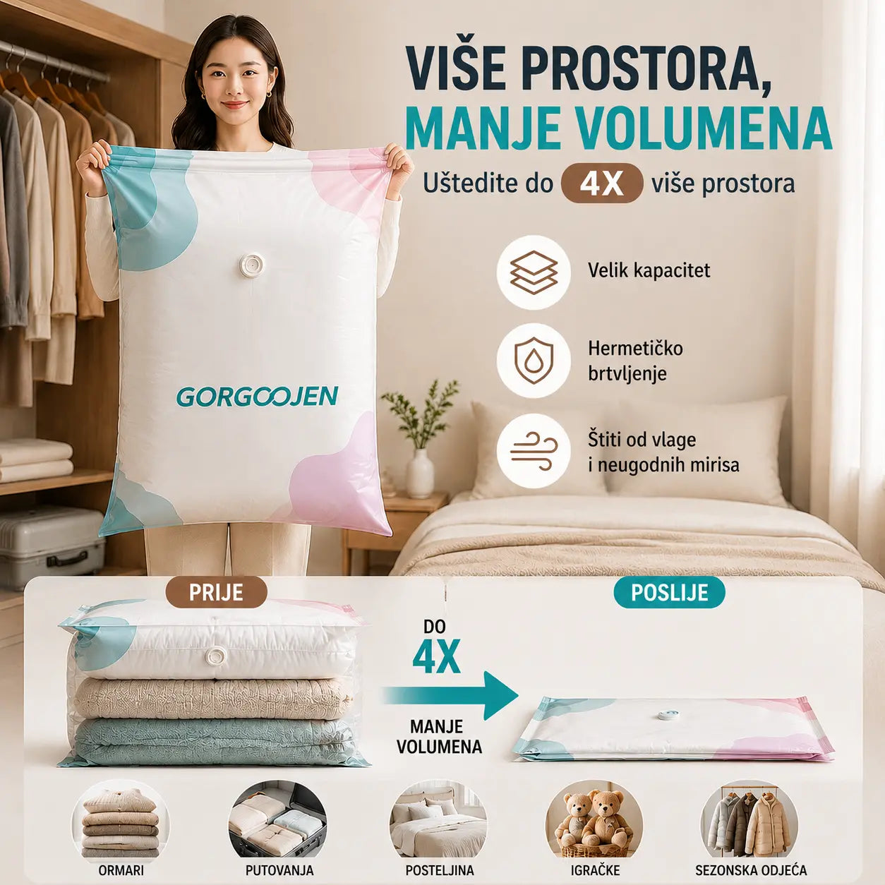 🧳 5 komada za 24 eura! 💨Velika, stlačiva vakuumska vrećica za pohranu: nije potrebna pumpa, nepropusna je i idealna za uštedu prostora u koferima i kod kuće ✈️