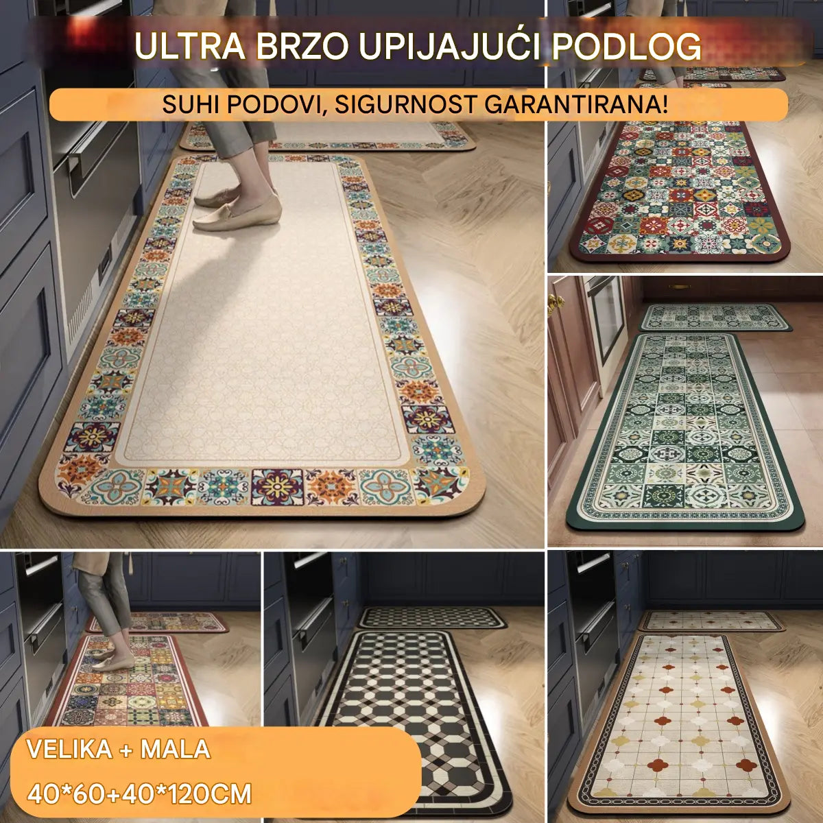💥【Kupi 1, dobiješ 1 gratis】【40*60cm + 40*120cm】Protuklizna prostirka za kuhinju i kupaonicu – brzo upijanje vode, mekana i udobna