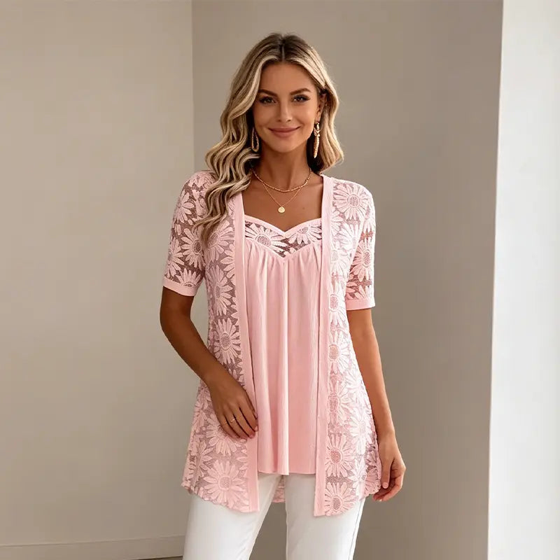 👚 Elegantna bluza 2 u 1 s čipkom i mrežicom – kroj koji vizualno sužava figuru i skriva trbuh, 5 boja, veličine S–4XL