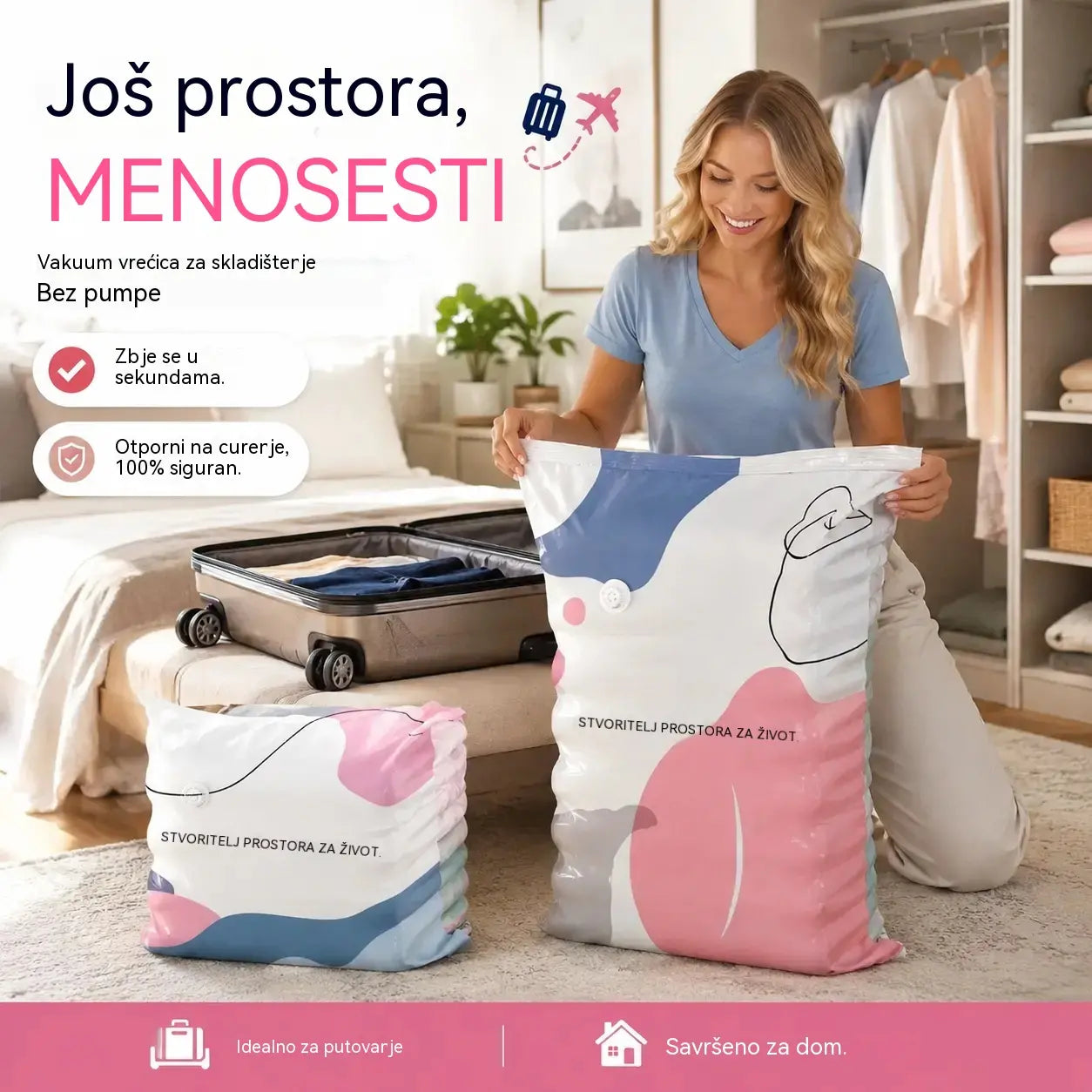🔥Vruća prodaja – Set od 5 komada! ✅Velika vakuumska vreća bez pumpe｜Štedi prostor, štiti od vlage i prašine, idealna za kućno spremanje