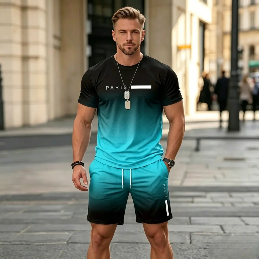🔥【Rasprodaja na kraju sezone – 50% popusta!】Muški ljetni sportski casual komplet – udobna majica kratkih rukava i kratke hlače s modernim gradijentnim printom