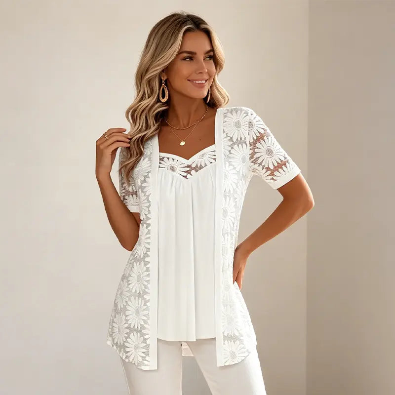 👚 Elegantna bluza 2 u 1 s čipkom i mrežicom – kroj koji vizualno sužava figuru i skriva trbuh, 5 boja, veličine S–4XL