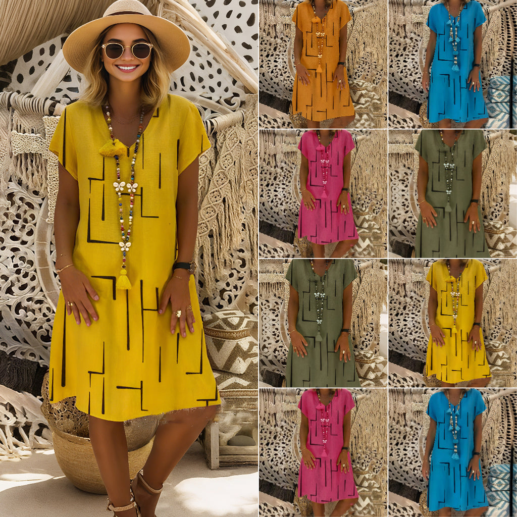 【50% OFF】【S-5XL】Haljina od pamuka i lana s V-izrezom i printom